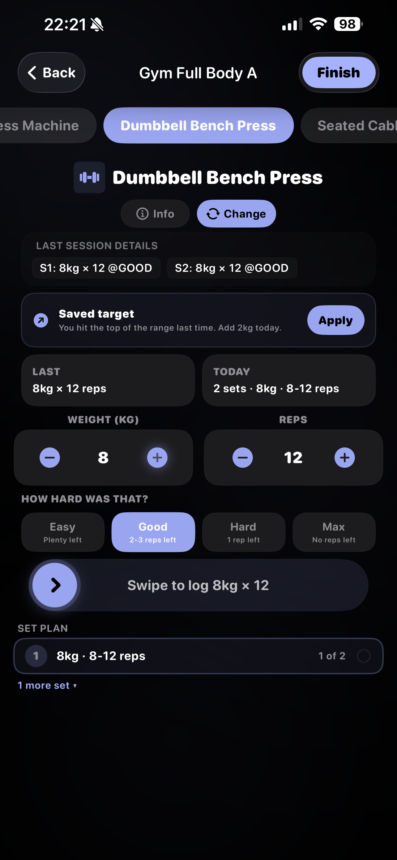 Workout logging screen