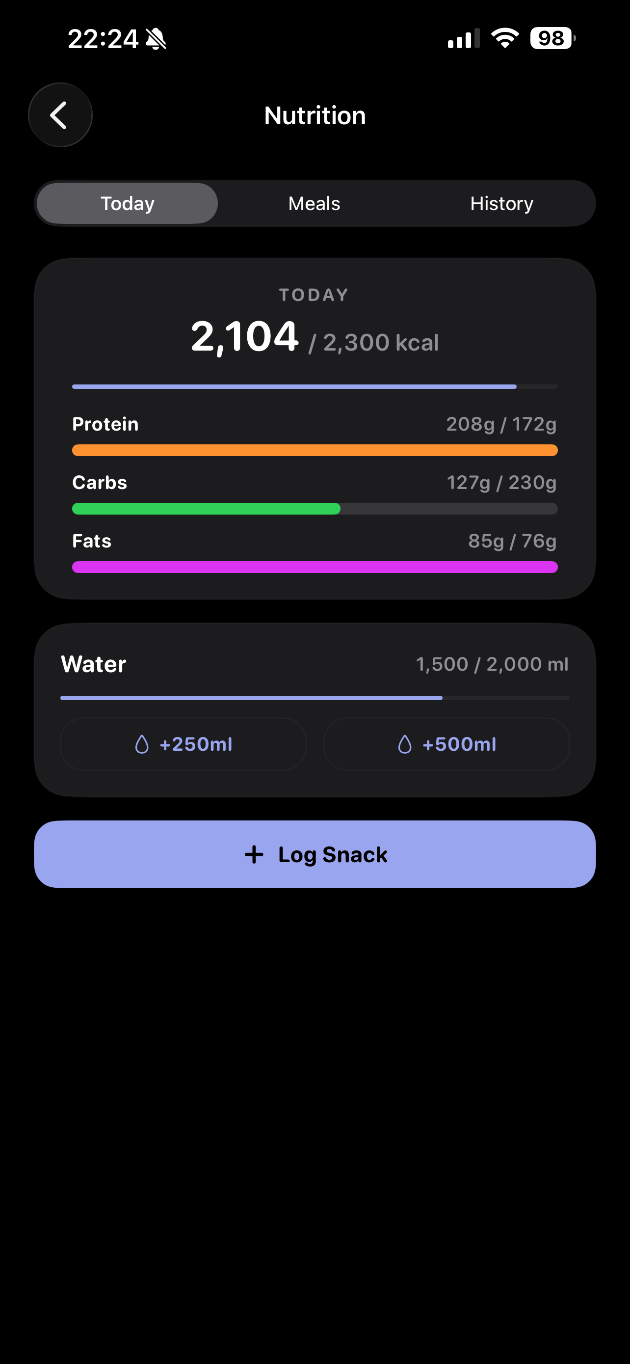 Nutrition tracking screen